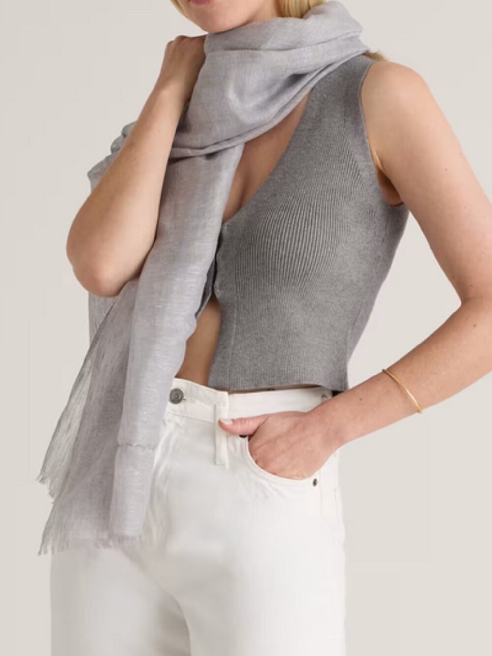 New! Quince Cashmere Silk Featherweight Frayed Edge Scarf in Light Grey